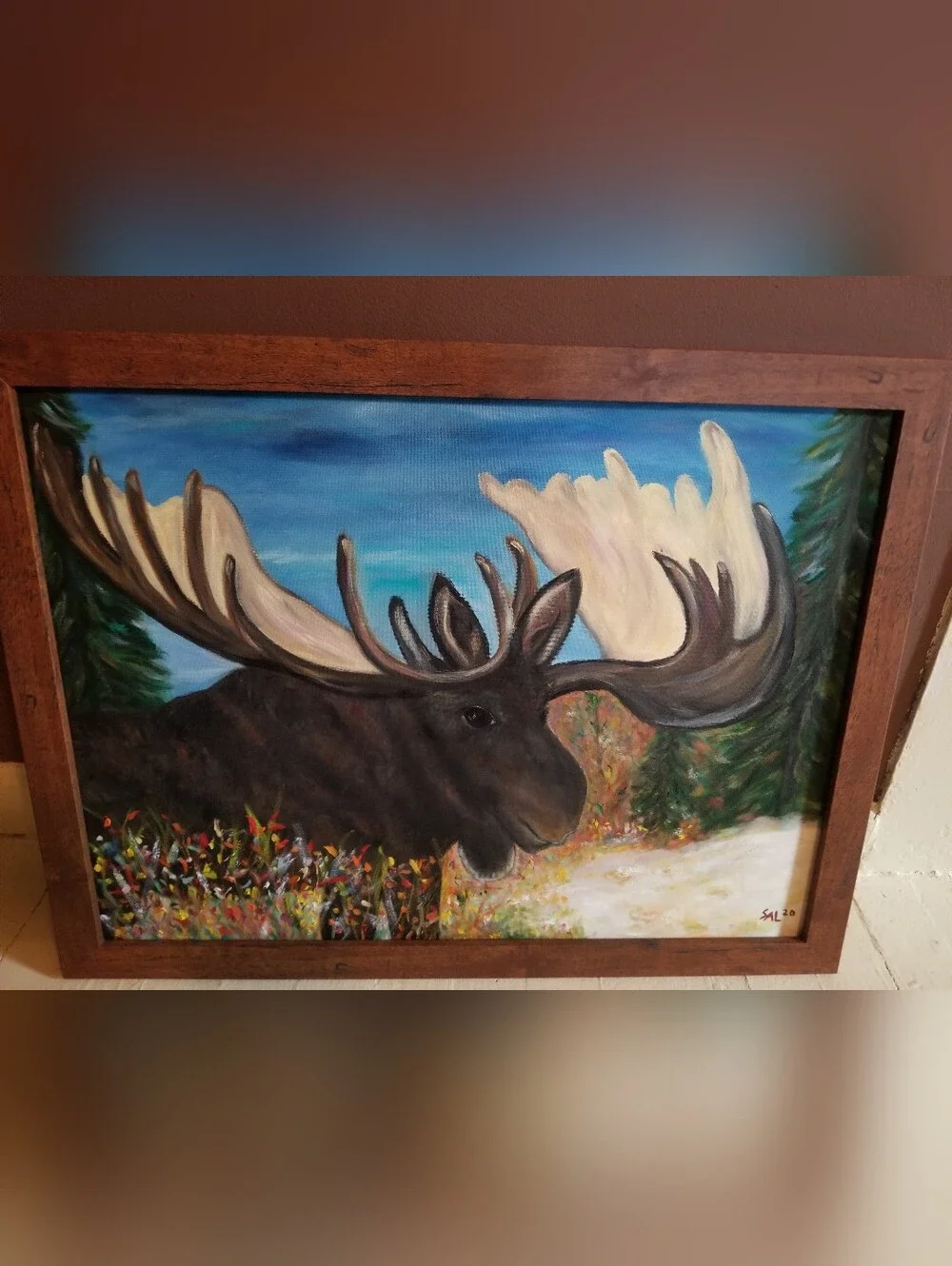 Large Antler Moose with Brown Wood Frame - Blue Sky - Picture 1 of 1